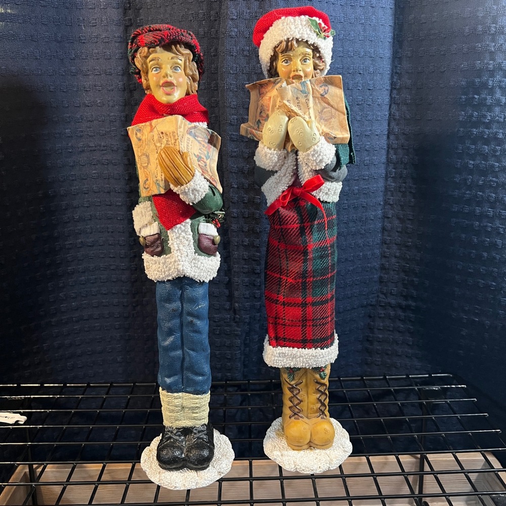 Vintage Christmas Carolers Figurines Set of 2 Holiday Decor Boy Girl‎ Plaid 16"
